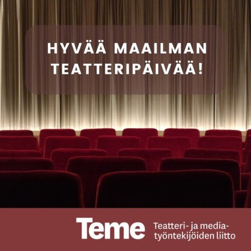 Teatterin katsomo ja esirippu, jossa lukee Hyvää maailman teatteripäivää!