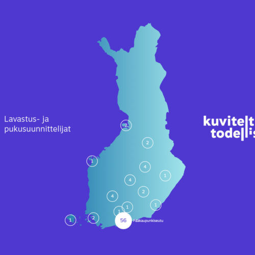 Suomen kartta, jossa näkyvät skenografian ammattilaiset asuinpaikkakuntansa mukaan.