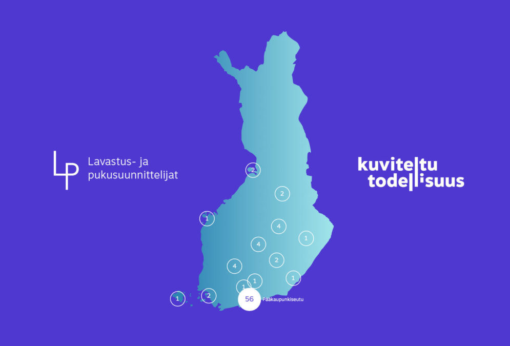 Suomen kartta, jossa näkyvät skenografian ammattilaiset asuinpaikkakuntansa mukaan.